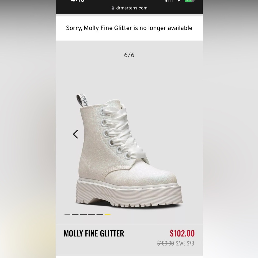 Dr. Marten’s Women’s 8 Molly Fine White Glitter Sparkle Combat Boots